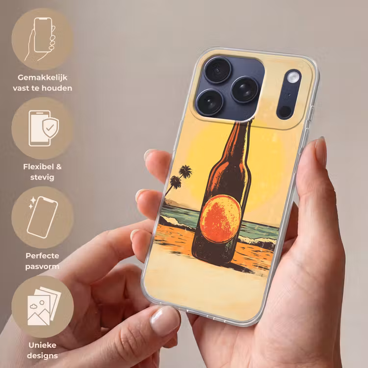 Bierfles - Zonsondergang - Palmbomen - Zee Telefoonhoesje iPhone 17 Pro klein -sfeer3_NL