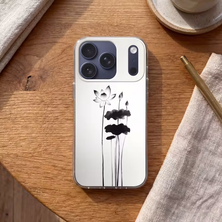 Bladeren - Zwart - Lotusbloem - Minimalitisch Telefoonhoesje iPhone 17 Pro klein -sfeer1