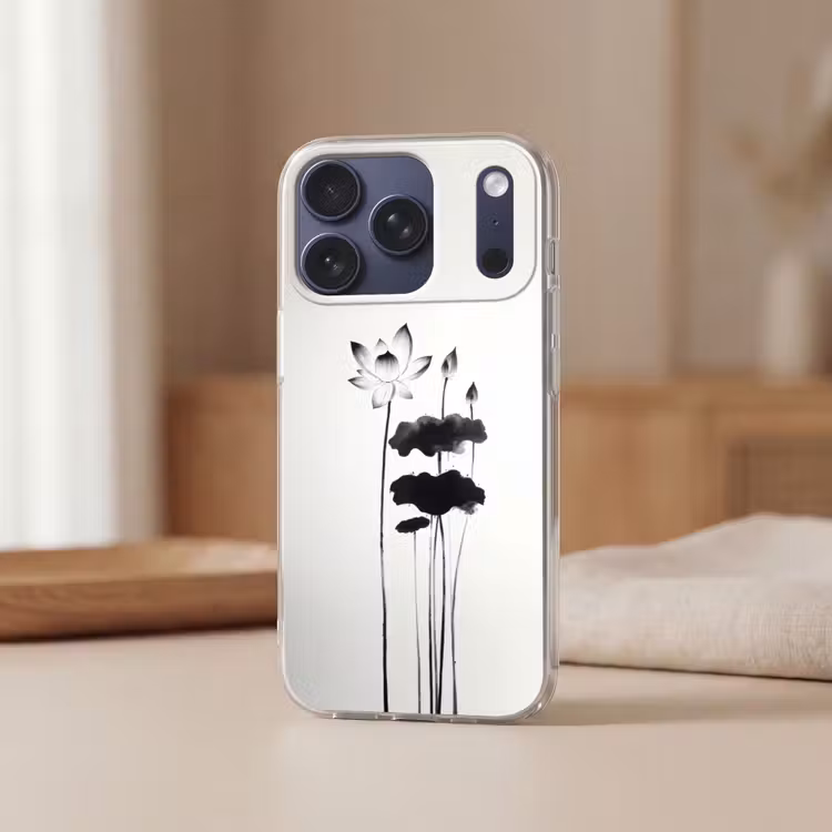 Bladeren - Zwart - Lotusbloem - Minimalitisch Telefoonhoesje iPhone 17 Pro klein -sfeer2