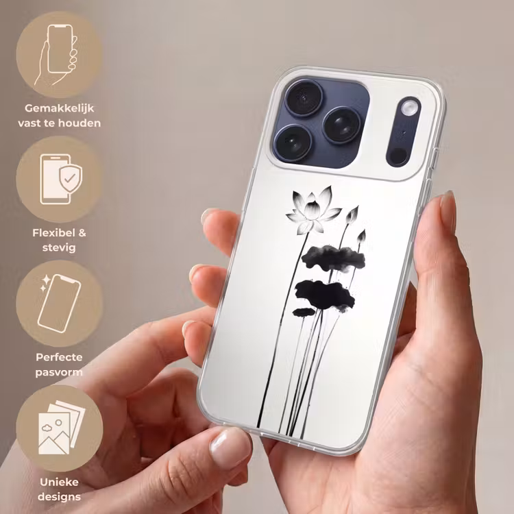 Bladeren - Zwart - Lotusbloem - Minimalitisch Telefoonhoesje iPhone 17 Pro klein -sfeer3_NL