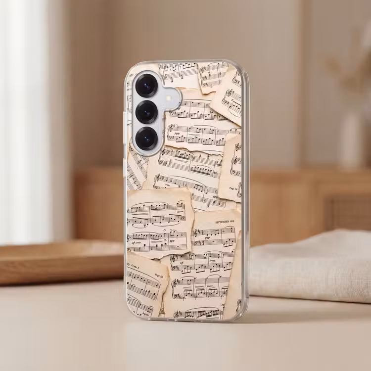 Bladmuziek - Oud - Noten - Vintage - Beige Telefoonhoesje Samsung Galaxy S26 klein -sfeer2