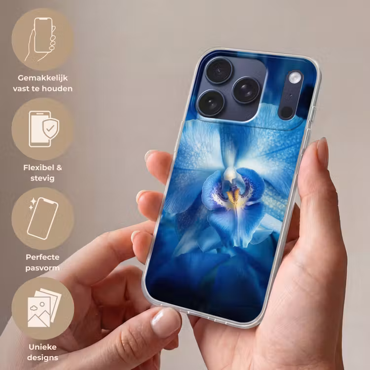 Blauw - Orchidee - Elegeant Telefoonhoesje iPhone 17 Pro klein -sfeer3_NL