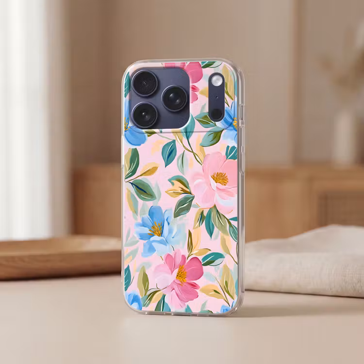 Blauw - Roze - Bloemen Telefoonhoesje iPhone 17 Pro klein -sfeer2