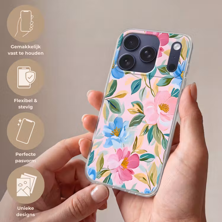 Blauw - Roze - Bloemen Telefoonhoesje iPhone 17 Pro klein -sfeer3_NL
