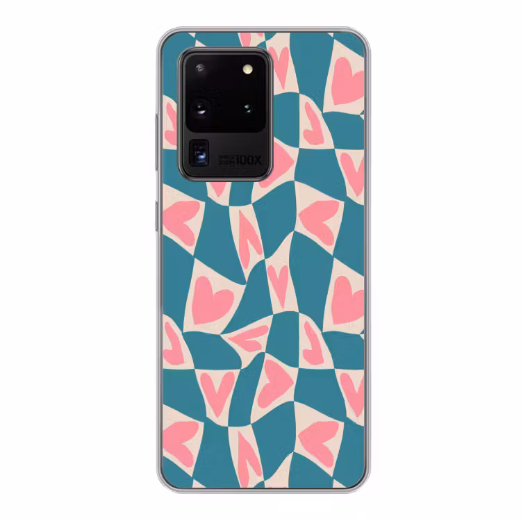 Blauw - Vlakken - Patroon - Hartjes Telefoonhoesje Samsung Galaxy S20 Ultra klein 358 -3d