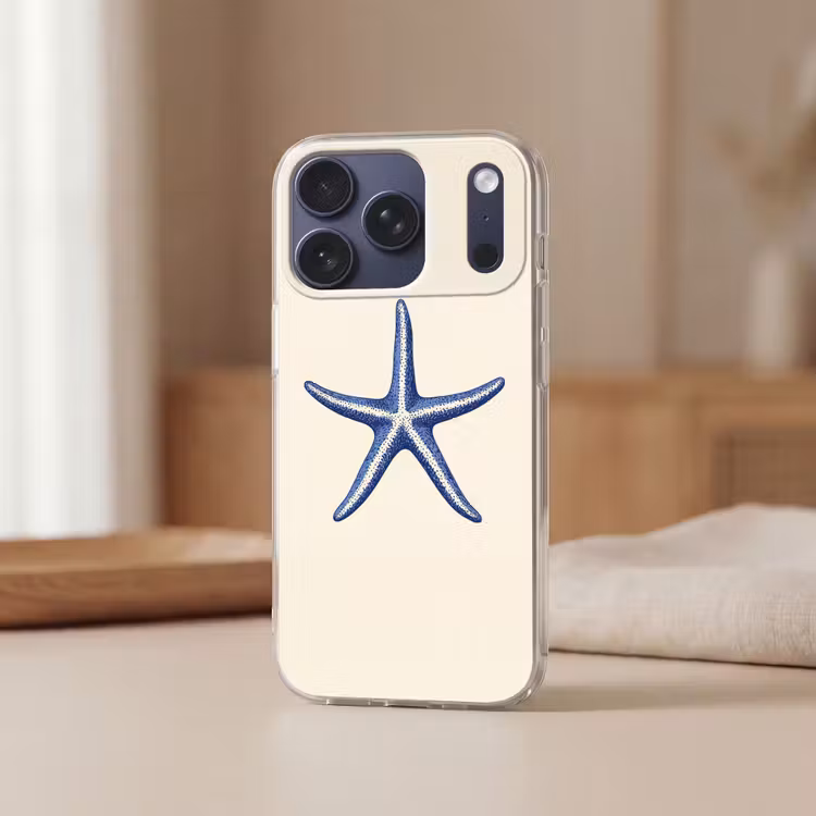 Blauwe zeester - Minimalistisch - Beige Telefoonhoesje iPhone 17 Pro klein -sfeer2