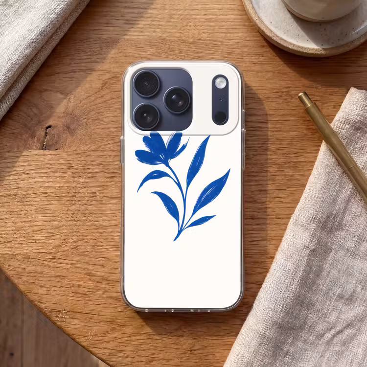 Bloem - Blaadjes - Minimalistisch - Blauw Telefoonhoesje iPhone 17 Pro klein -sfeer1