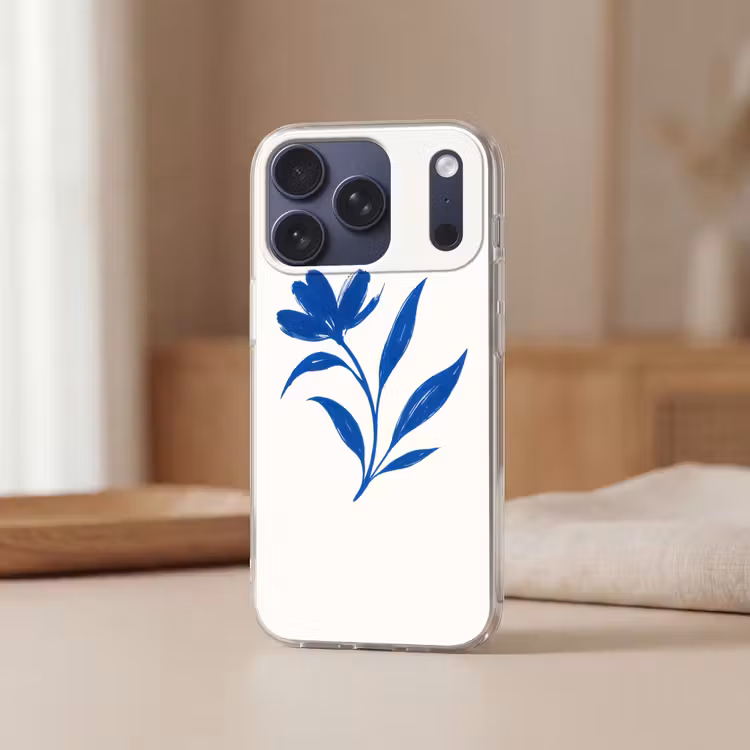 Bloem - Blaadjes - Minimalistisch - Blauw Telefoonhoesje iPhone 17 Pro klein -sfeer2