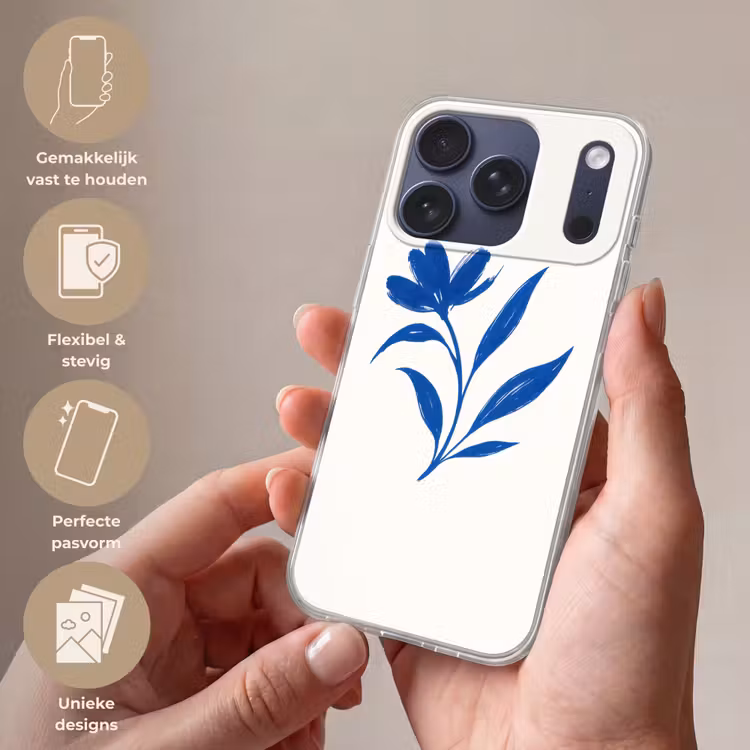 Bloem - Blaadjes - Minimalistisch - Blauw Telefoonhoesje iPhone 17 Pro klein -sfeer3_NL