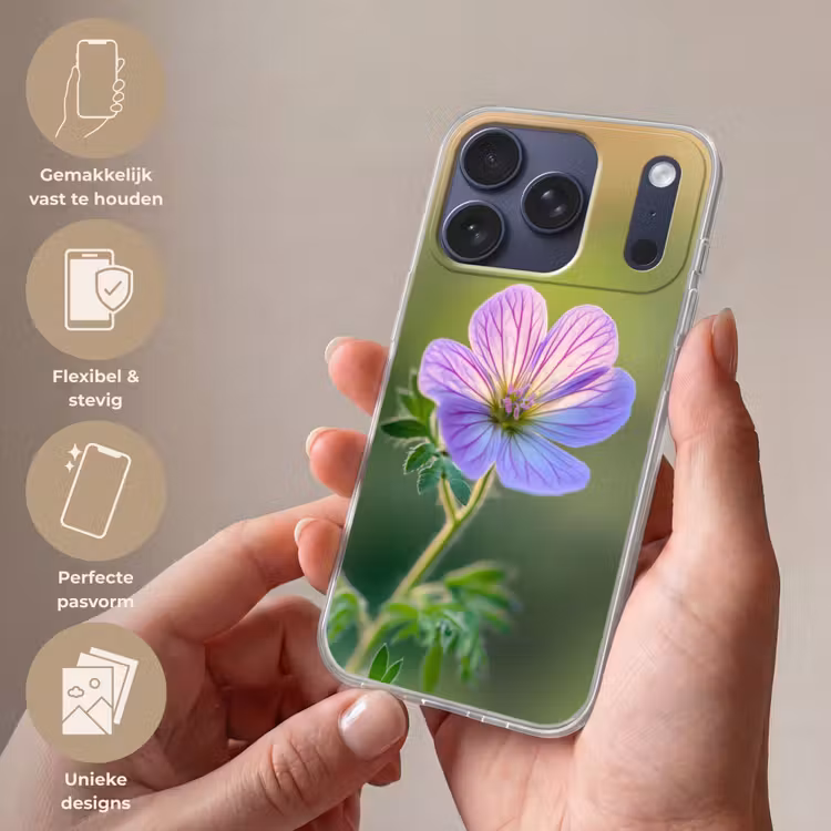 Bloem - Close up - Paars Telefoonhoesje iPhone 17 Pro klein -sfeer3_NL