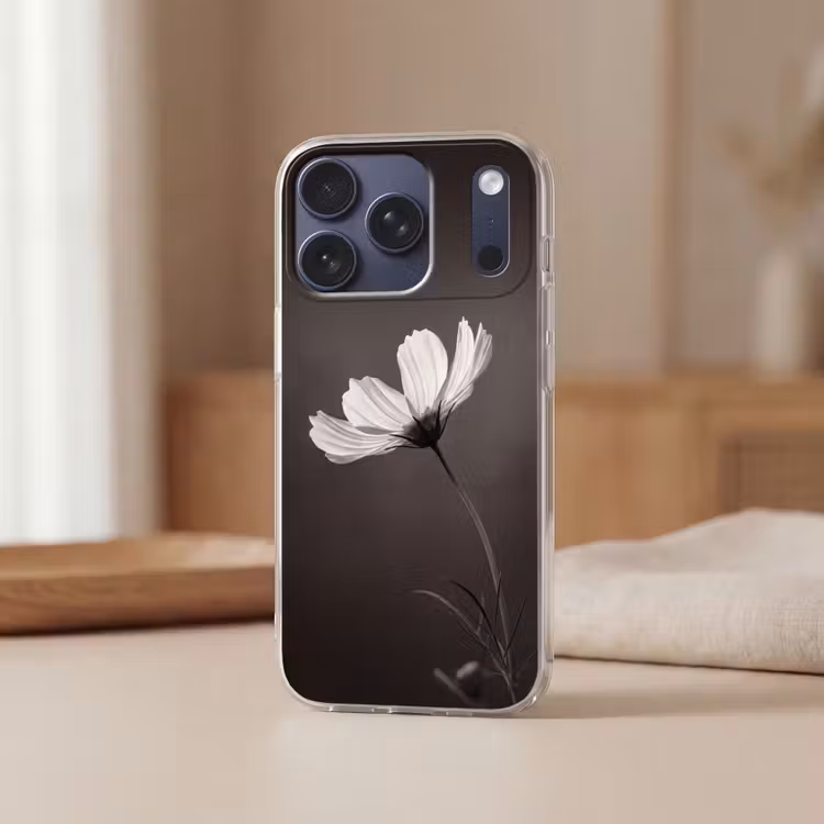 Bloem - Minimalistisch - Zwart - Wit Telefoonhoesje iPhone 17 Pro klein -sfeer2