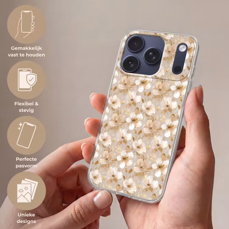 Bloemen - artistiek - Goud Telefoonhoesje iPhone 17 Pro klein 878 -sfeer3_NL