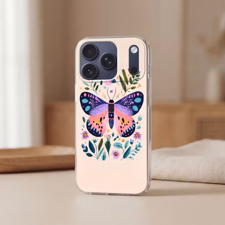 Bloemen - Bladeren - Vlinder - Kleurrijk Telefoonhoesje iPhone 17 Pro klein -sfeer2