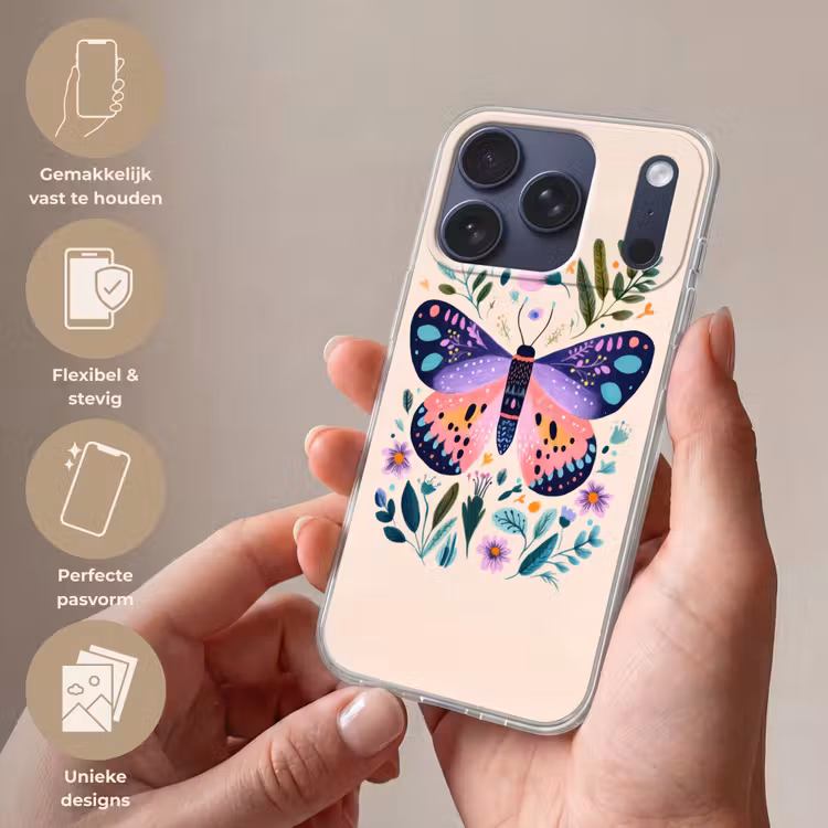 Bloemen - Bladeren - Vlinder - Kleurrijk Telefoonhoesje iPhone 17 Pro klein -sfeer3_NL
