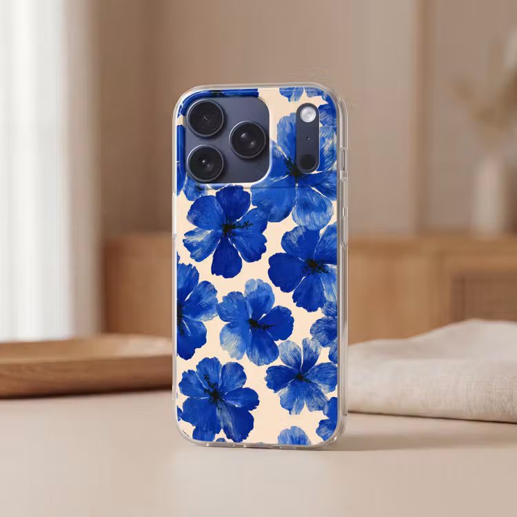 Bloemen - Blauw -Patroon - Wit Telefoonhoesje iPhone 17 Pro klein -sfeer2