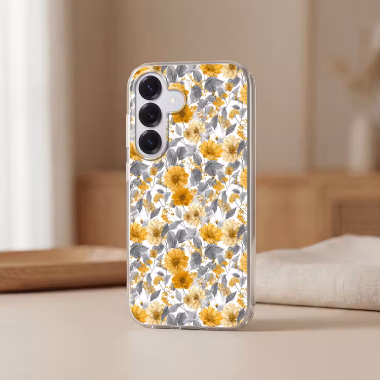 Bloemen - Botanisch - Elegant - Okergeel - Grijs Telefoonhoesje Samsung Galaxy S26 klein 975 -sfeer2