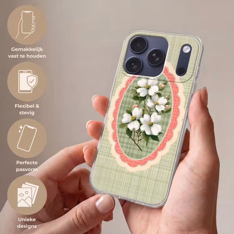 Bloemen - Illustratie - Geruit - Groen Telefoonhoesje iPhone 17 Pro klein -sfeer3_NL
