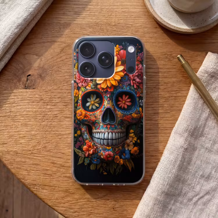 Bloemen - Kleurrijk - Schedel Telefoonhoesje iPhone 17 Pro klein -sfeer1