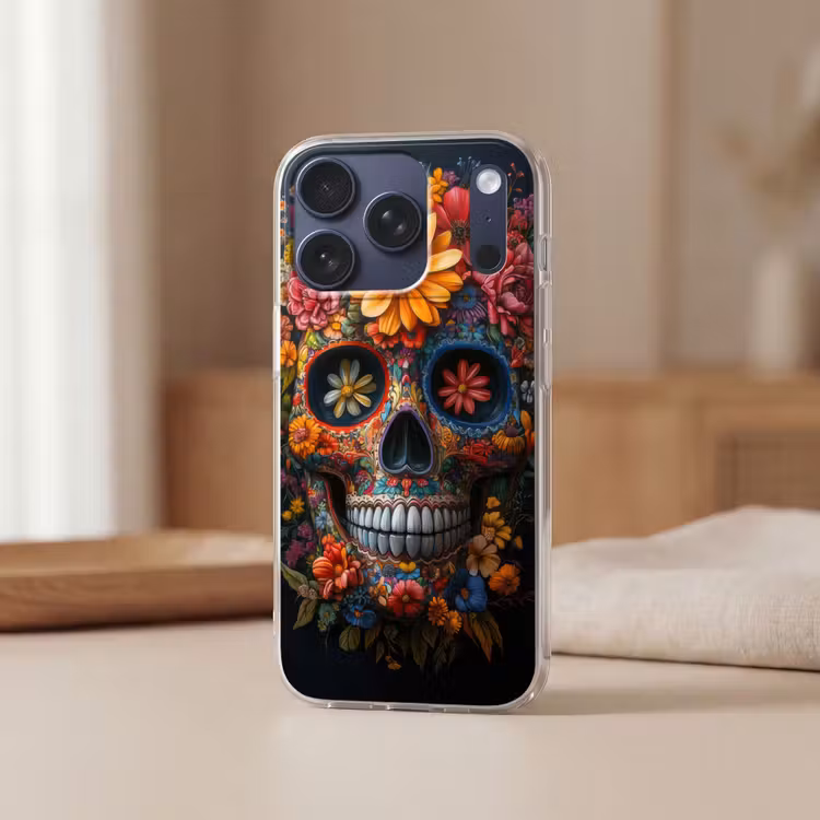 Bloemen - Kleurrijk - Schedel Telefoonhoesje iPhone 17 Pro klein -sfeer2