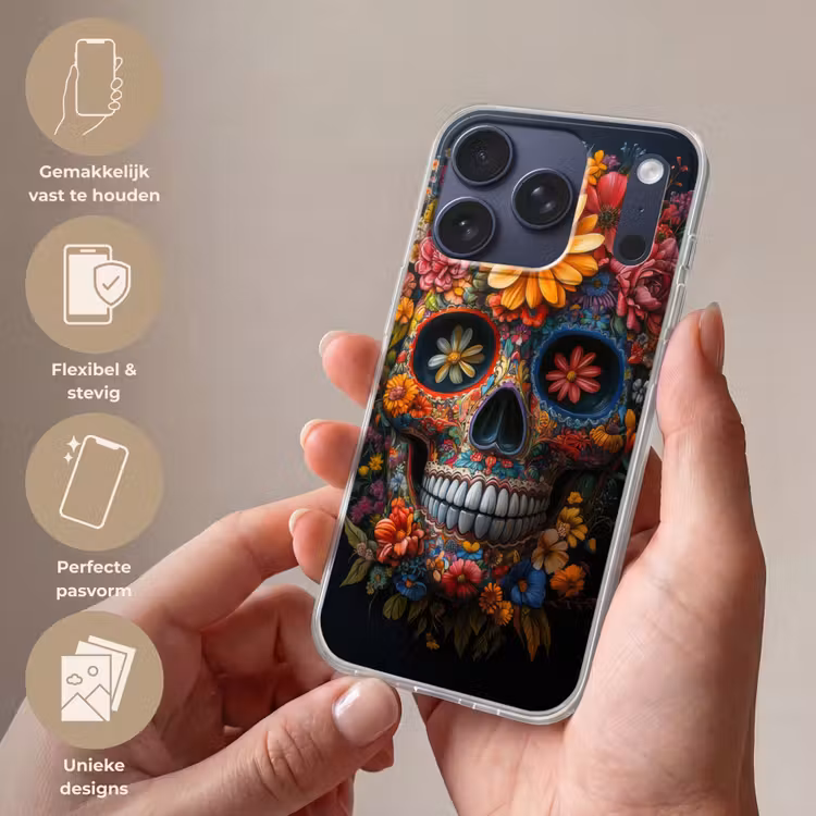 Bloemen - Kleurrijk - Schedel Telefoonhoesje iPhone 17 Pro klein -sfeer3_NL