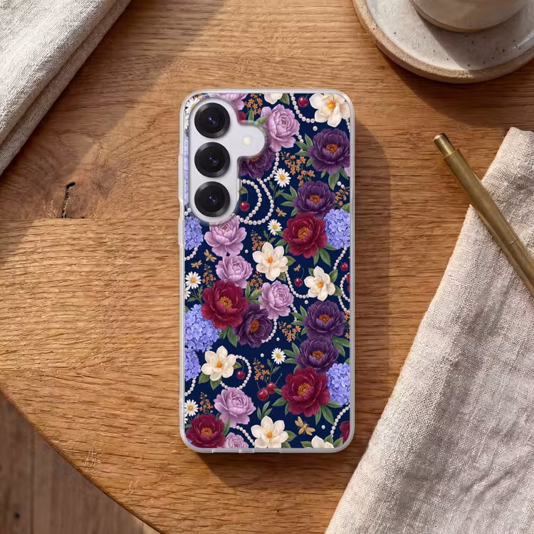 Bloemen - Parels - Decoratie - Modern - Blauw Telefoonhoesje Samsung Galaxy S26 klein -sfeer1