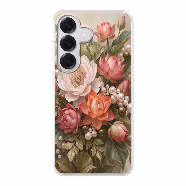 Bloemen - Parels - Elegant - Roze - Wit Telefoonhoesje Samsung Galaxy S26 klein -3d