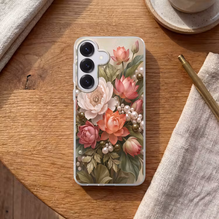 Bloemen - Parels - Elegant - Roze - Wit Telefoonhoesje Samsung Galaxy S26 klein -sfeer1