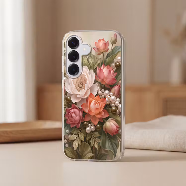 Bloemen - Parels - Elegant - Roze - Wit Telefoonhoesje Samsung Galaxy S26 klein -sfeer2