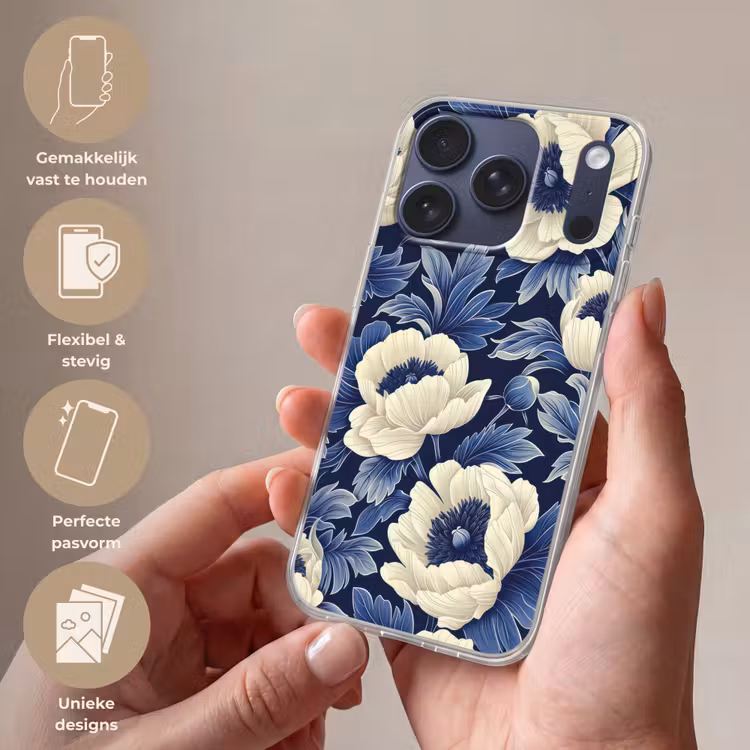 Bloemen - Patroon - Blauw - Wit Telefoonhoesje iPhone 17 Pro klein -sfeer3_NL