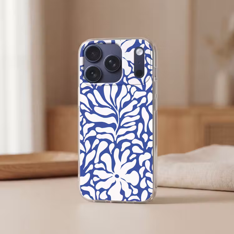 Bloemen patroon - Blauw - Wit - Bladeren Telefoonhoesje iPhone 17 Pro klein -sfeer2