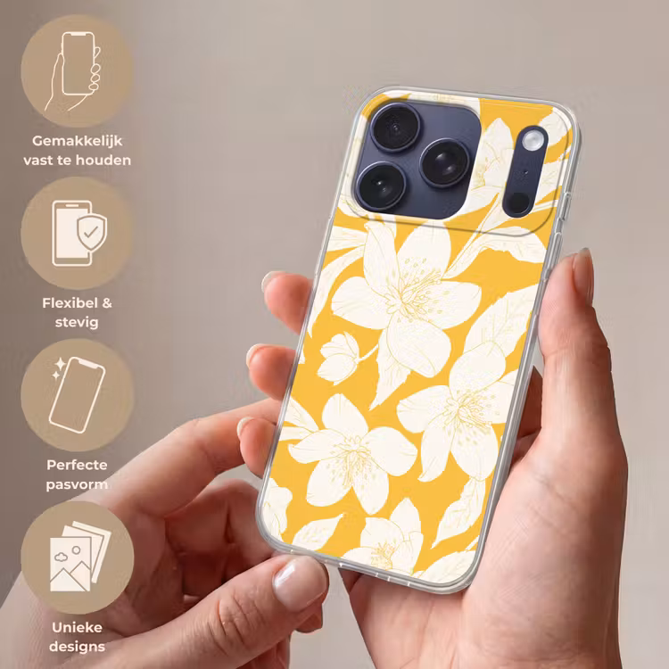 Bloemen - Patroon - Geel - Wit Telefoonhoesje iPhone 17 Pro klein -sfeer3_NL