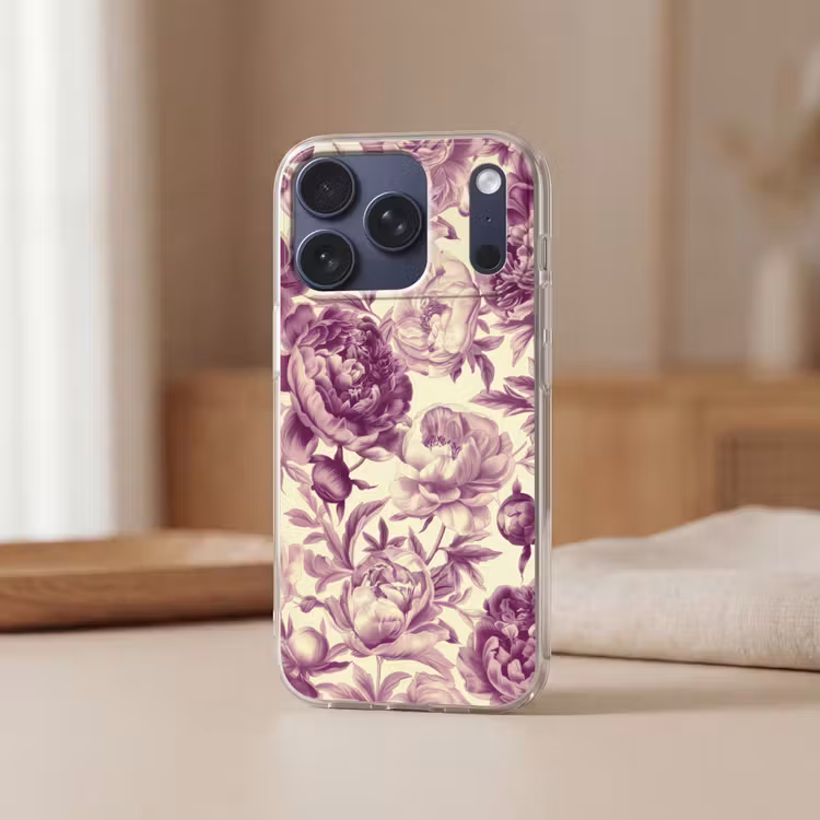 Bloemen - Patroon - Paars - Beige Telefoonhoesje iPhone 17 Pro klein -sfeer2