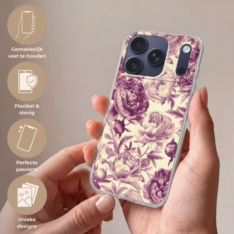 Bloemen - Patroon - Paars - Beige Telefoonhoesje iPhone 17 Pro klein -sfeer3_NL