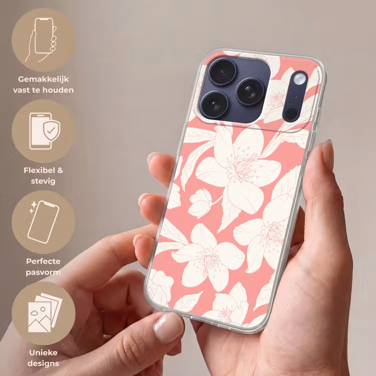 Bloemen - Patroon - Roze - Wit Telefoonhoesje iPhone 17 Pro klein -sfeer3_NL