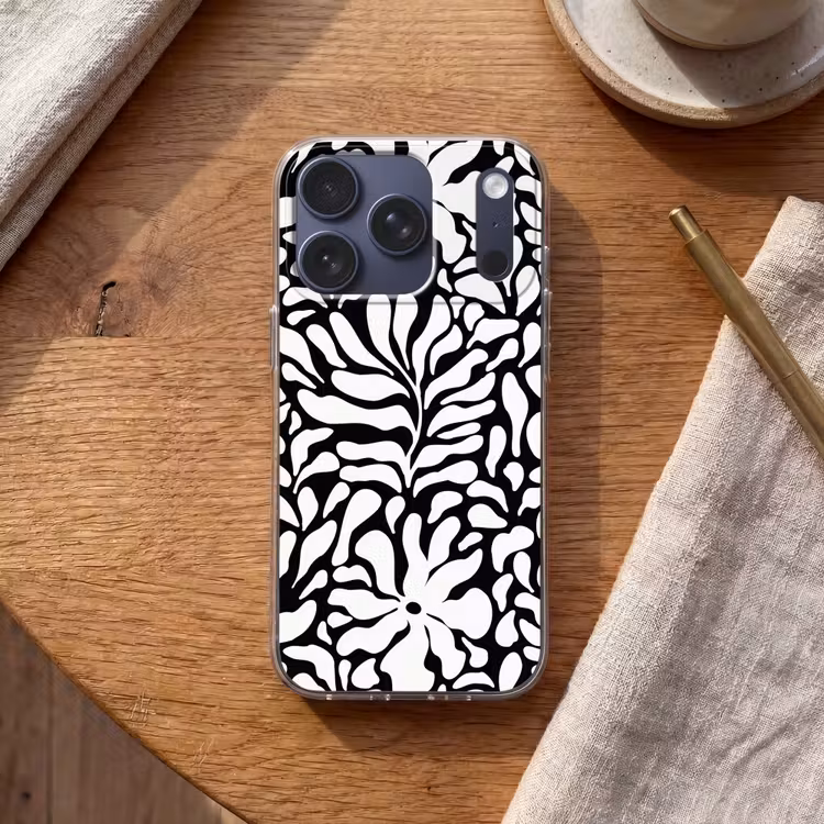 Bloemen print - Zwart - Wit - Bladeren Telefoonhoesje iPhone 17 Pro klein -sfeer1