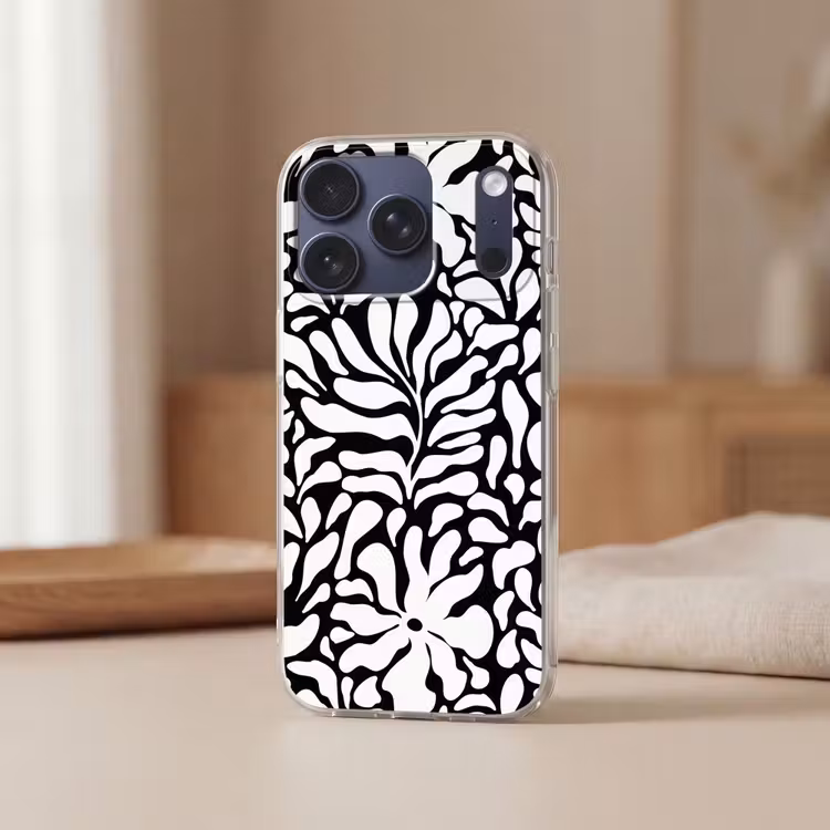 Bloemen print - Zwart - Wit - Bladeren Telefoonhoesje iPhone 17 Pro klein -sfeer2