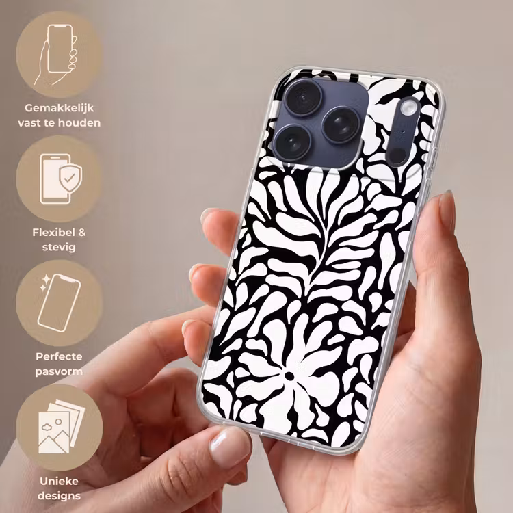 Bloemen print - Zwart - Wit - Bladeren Telefoonhoesje iPhone 17 Pro klein -sfeer3_NL