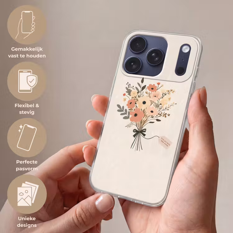 Bloemen - Quote - Beige - Lint Telefoonhoesje iPhone 17 Pro klein -sfeer3_NL