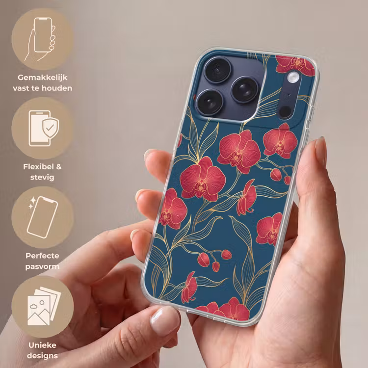Telefoonhoesje - Bloemen - Rood - Goud - Bloemen - Rood - Goud Telefoonhoesje iPhone 17 Pro klein