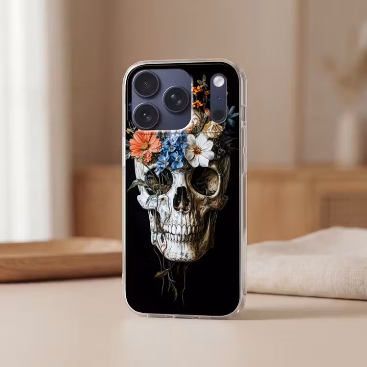 Bloemen - Schedel - Kleurrijk Telefoonhoesje iPhone 17 Pro klein -sfeer2