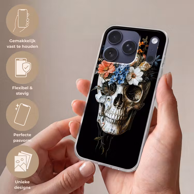 Bloemen - Schedel - Kleurrijk Telefoonhoesje iPhone 17 Pro klein -sfeer3_NL