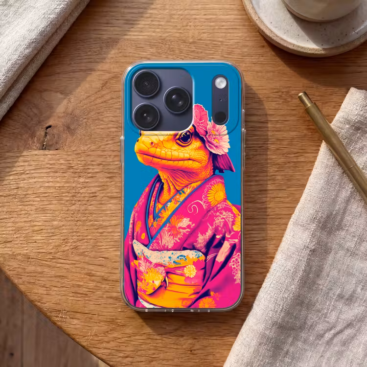 Bloemenkrans - Hagedis - Kimono - Paars Telefoonhoesje iPhone 17 Pro klein -sfeer1