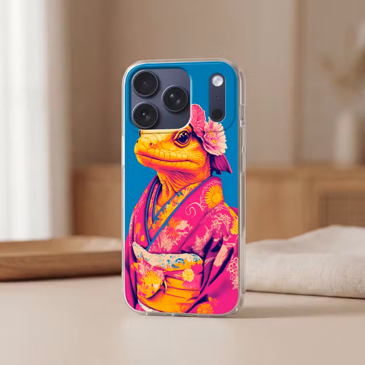 Bloemenkrans - Hagedis - Kimono - Paars Telefoonhoesje iPhone 17 Pro klein -sfeer2