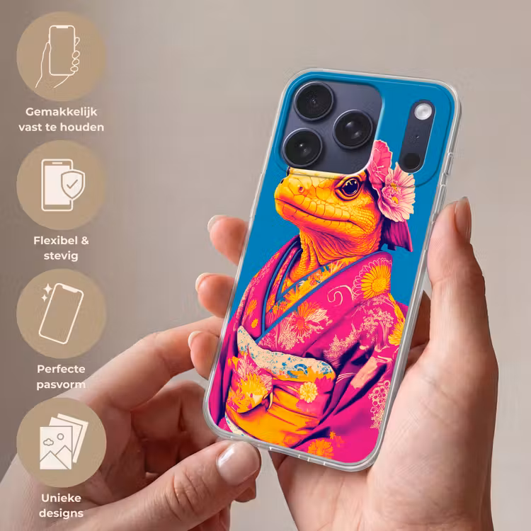 Bloemenkrans - Hagedis - Kimono - Paars Telefoonhoesje iPhone 17 Pro klein -sfeer3_NL