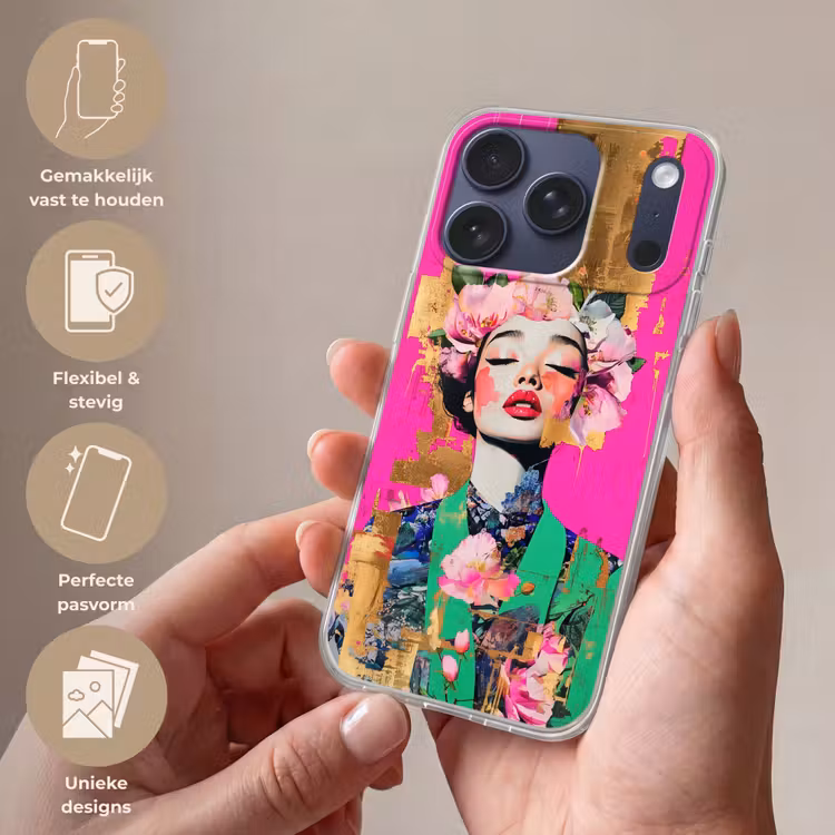 Bloemenkroon - Goud - Vrouw - Portret Telefoonhoesje iPhone 17 Pro klein -sfeer3_NL