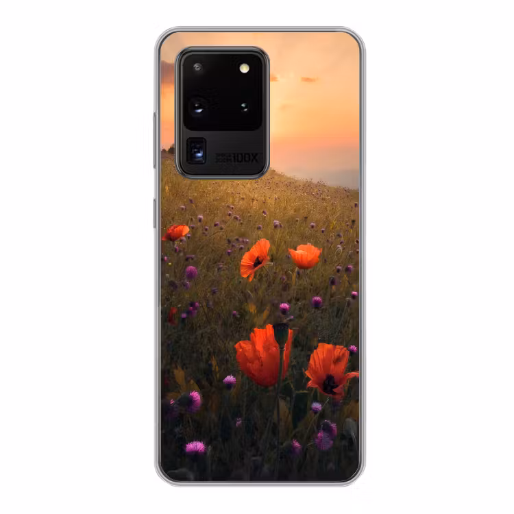 Bloemenveld - Gras - Bloemen - Planten - Zonsondergang - Oranje Telefoonhoesje Samsung Galaxy S20 Ultra klein -3d