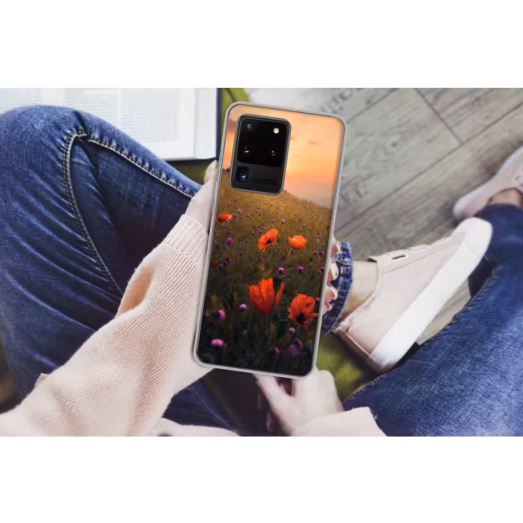 Bloemenveld - Gras - Bloemen - Planten - Zonsondergang - Oranje Telefoonhoesje Samsung Galaxy S20 Ultra klein -handS20Ultra