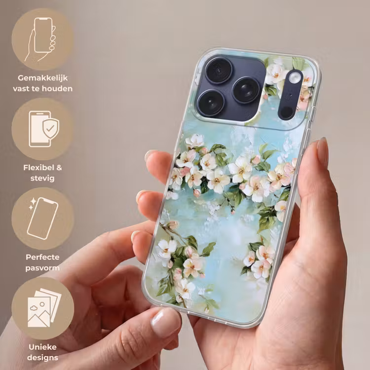 Bloesem - Bladeren - Lichtblauw Telefoonhoesje iPhone 17 Pro klein -sfeer3_NL
