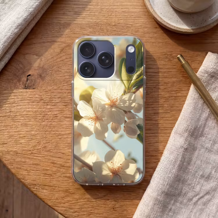 Bloesems - Wit - Zonnestralen - Bloemblaadjes Telefoonhoesje iPhone 17 Pro klein -sfeer1