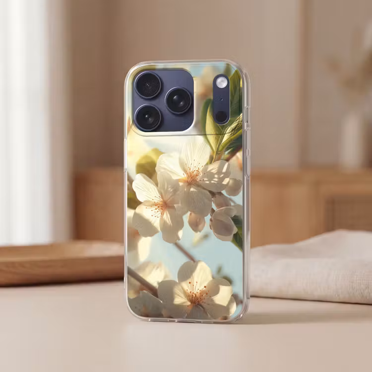 Bloesems - Wit - Zonnestralen - Bloemblaadjes Telefoonhoesje iPhone 17 Pro klein -sfeer2